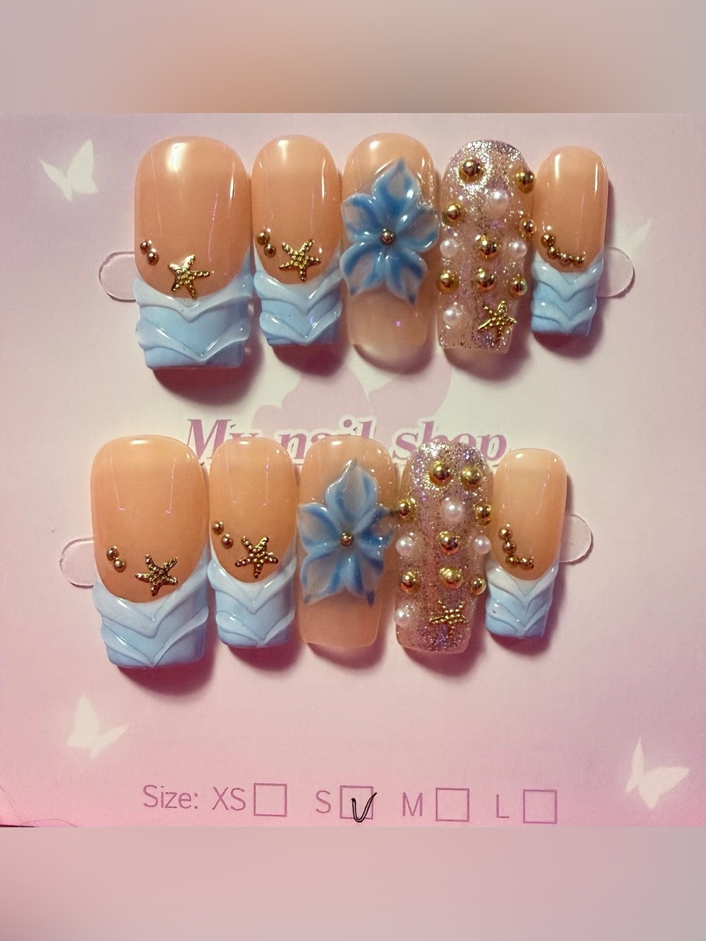 Blue Floral & Gold Accent Press-On Nail Set for Women